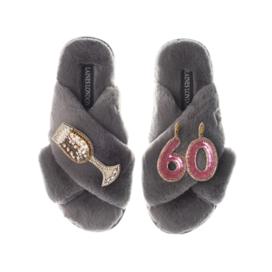 Classic Laines Slippers With 60Th Birthday & Champagne Glass Brooches - Grey (M)