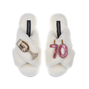 Classic Laines Slippers With 70Th Birthday & Champagne Glass Brooches - Cream (S)