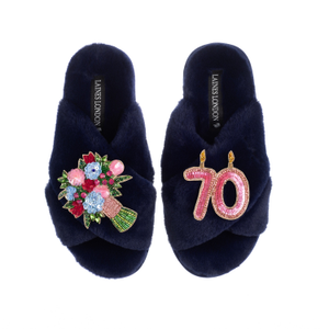 Classic Laines Slippers With 70Th Birthday & Flowers Brooches - Navy (M)