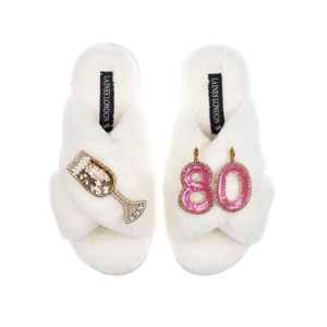 Classic Laines Slippers With 80Th Birthday & Champagne Glass Brooches - Cream (L)