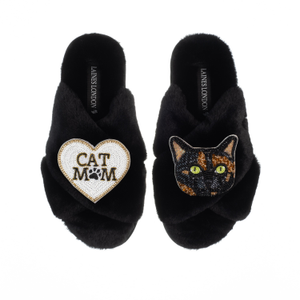 Classic Laines Slippers With Cat Mum/Mom & Misty The Tortoiseshell Cat Brooches - Black (M)