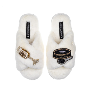 Classic Laines Slippers With Caviar & Glass Of Champers Brooches - Cream (XL)