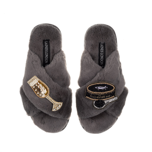Classic Laines Slippers With Caviar & Glass Of Champers Brooches - Grey (M)