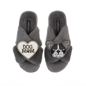 Classic Laines Slippers With Coco The Frenchie & Dog Mum / Mom Brooches - Grey (S)