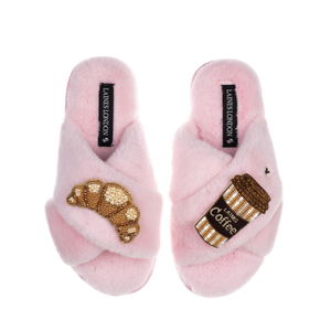 Classic Laines Slippers With Coffee Cup & Croissant Brooches - Pink (L)