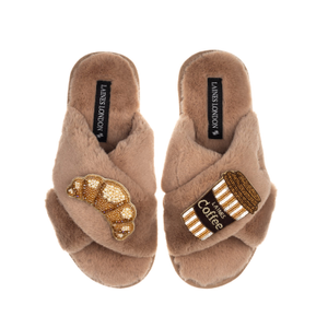 Classic Laines Slippers With Coffee Cup & Croissant Brooches - Toffee (M)