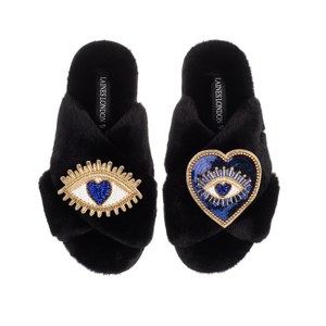 Classic Laines Slippers With Double Blue Heart & Love Eye Brooches - Black (M)