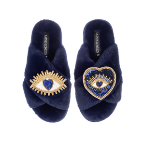 Classic Laines Slippers With Double Blue Heart & Love Eye Brooches - Navy (L)