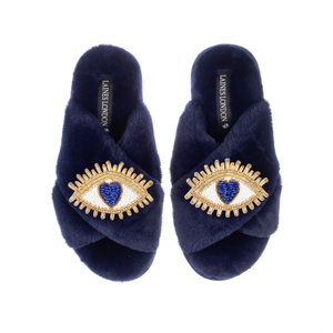 Classic Laines Slippers With Double Blue Love Eye Brooches - Navy (M)