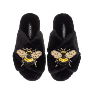 Classic Laines Slippers With Double Honey Bee Brooches - Black (L)