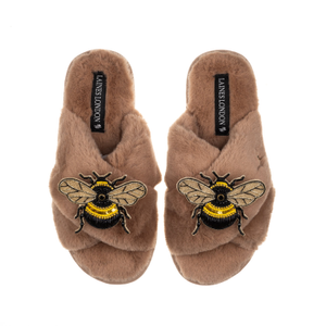 Classic Laines Slippers With Double Honey Bee Brooches - Toffee (S)
