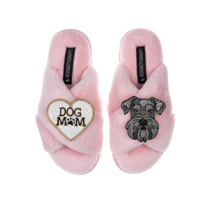 Classic Laines Slippers With Ernie The Schnauzer & Dog Mum / Mom Brooches - Pink (L)