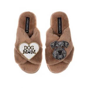 Classic Laines Slippers With Ernie The Schnauzer & Dog Mum / Mom Brooches - Toffee (L)