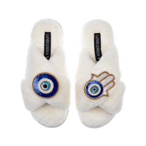 Classic Laines Slippers With Evil Eye & Hamsa Hand Brooches - Cream (L)
