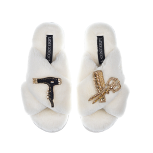 Classic Laines Slippers With Hairdresser Brooches - Cream (L)