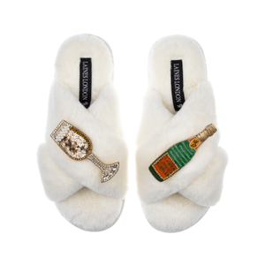 Classic Laines Slippers With Laines Champers & Glass Brooches - Cream (M)