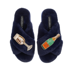 Classic Laines Slippers With Laines Champers & Glass Brooches - Navy (L)