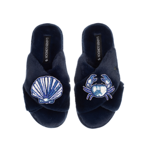 Classic Laines Slippers With Mediterranean Blue Shell & Crab Brooches - Navy (M)