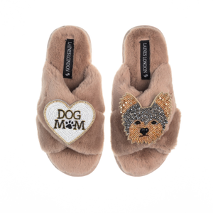 Classic Laines Slippers With Minnie Yorkie & Dog Mum / Mom Brooches - Toffee (M)