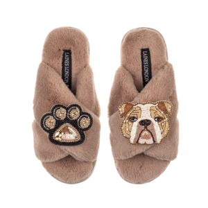 Classic Laines Slippers With Mr Beefy The Bulldog & Paw Brooches - Toffee (L)