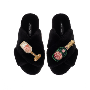 Classic Laines Slippers With Pink Champagne & Glass Brooches - Black (S)