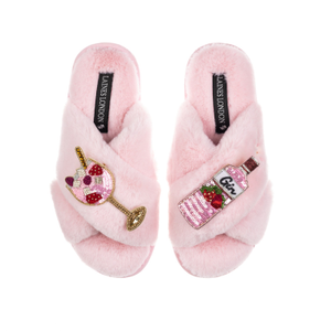 Classic Laines Slippers With Pink Gin & Fruit Glass Brooches - Pink (L)