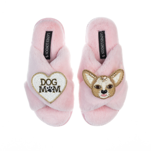 Classic Laines Slippers With Princess Chihuahua & Dog Mum / Mom Brooches - Pink (M)