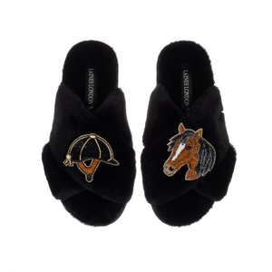 Classic Laines Slippers With Riding Hat & Horse Brooches - Black (M)