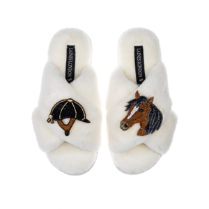 Classic Laines Slippers With Riding Hat & Horse Brooches - Cream (S)