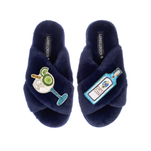Classic Laines Slippers With Sapphire Gin & Glass Brooches - Navy (L)