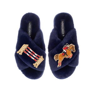 Classic Laines Slippers With Show Jump Horse Brooches - Navy (S)