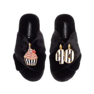 Classic Laines Slippers With Stripe 40Th Birthday & Cake Brooches - Black (XL)