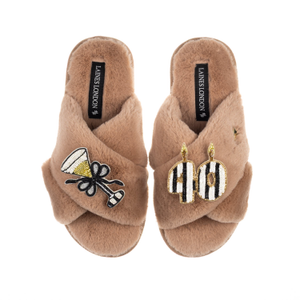 Classic Laines Slippers With Stripe 40Th Birthday & Glass Of Champagne Brooches - Toffee (XL)