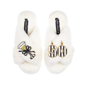 Classic Laines Slippers With Stripe 50Th Birthday & Glass Of Champagne Brooches - Cream (M)