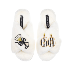 Classic Laines Slippers With Stripe 60Th Birthday & Glass Of Champagne Brooches - Cream (M)