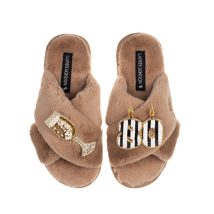 Classic Laines Slippers With Stripe 80Th Birthday & Glass Of Champagne Brooches - Toffee (L)