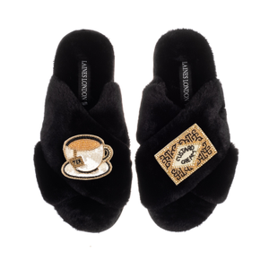 Classic Laines Slippers With Tea & Biscuit Brooches - Black (XL)