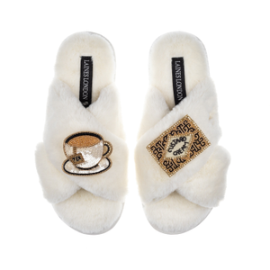 Classic Laines Slippers With Tea & Biscuit Brooches - Cream (L)