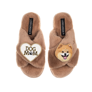 Classic Laines Slippers With Teddy The Pomeranian & Dog Mum / Mom Brooches - Toffee (L)