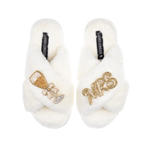 Classic Laines Slippers With Wedding Champers & Mrs Brooches - Cream (L)