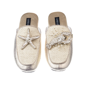 Classic Mules With Pearl Starfish & Lobster Brooches - Cream & Gold (M)