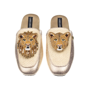 Classic Mules With Lion & Lioness Brooches - Cream & Gold (M)