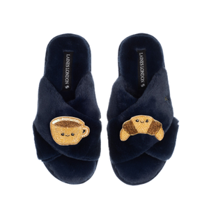Classic Slippers With Laines Lovables Coffee & Croissant Brooches - Navy (L)