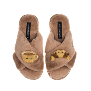 Classic Slippers With Laines Lovables Coffee & Croissant Brooches - Toffee (M)