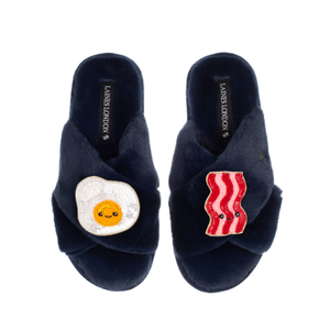 Classic Slippers With Laines Lovables Egg & Bacon Brooches - Black (L)