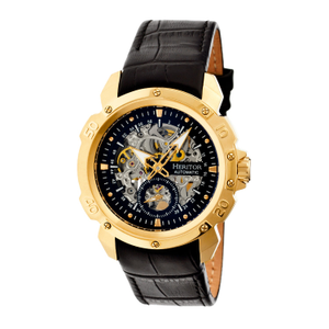 Conrad Leather-Band Skeleton Watch with Seconds Sub-Dial - Black, Gold