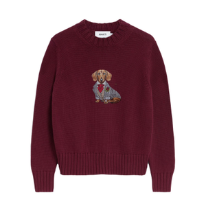 Dachshund Embroidered Cotton Knit Sweater - Burgundy (M)