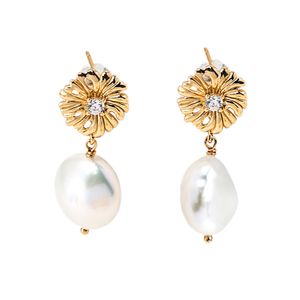 Daisy Flower With Freshwater Pearls Dangle Earrings
