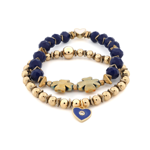 Deep Love Blue Crystal & Heart Charm Gold Bracelet Set - Blue