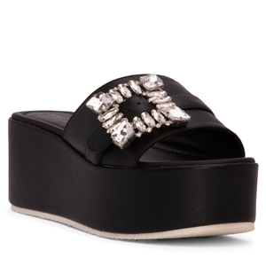 Dita Black Leather Comfortable Wedge Sandal Espadrille Slide With Jewelry For Elegant Work & Evening (8 UK)